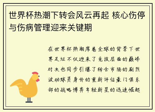 世界杯热潮下转会风云再起 核心伤停与伤病管理迎来关键期 世界杯热潮下转会风云再起 核心伤停与伤病管理迎来关键期